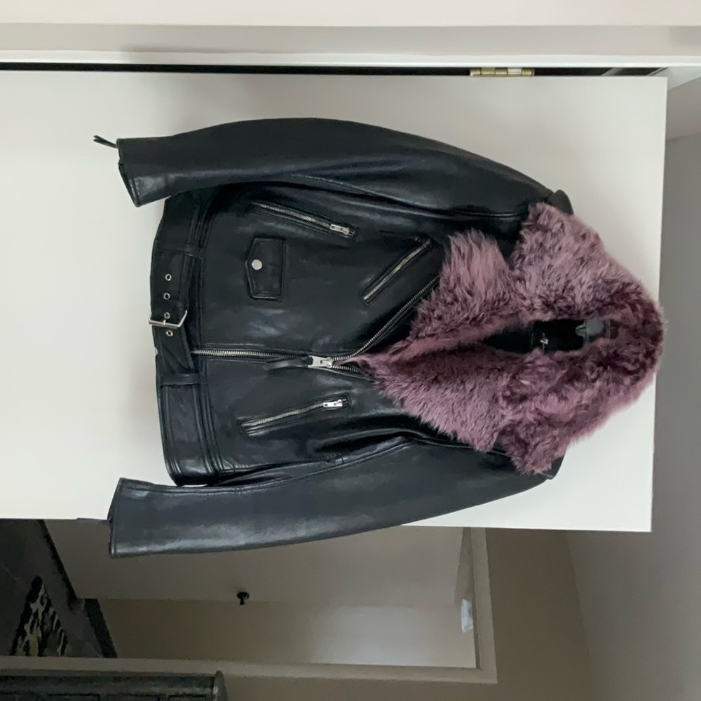 7 For All Mankind leather motorcycle jacket with detachable real fur collar NWOT